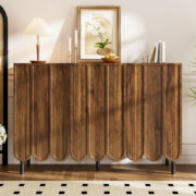 Modernes holzfarbenes Sideboard mit Wellentüren – 120x35x80 cm – grifflos, verstellbare Regale – Sta - Image 2