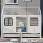 House bed with 2 drawers, single bed, day bed, children's bed with 2 windows, pine frame, MDF,