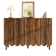 Modernes holzfarbenes Sideboard mit Wellentüren – 120x35x80 cm – grifflos, verstellbare Regale – Sta - Image 3