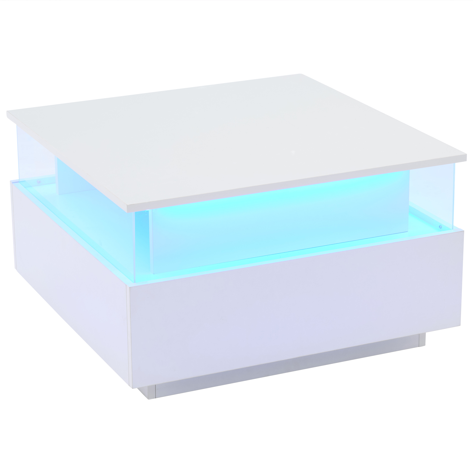 1 Modernes Hochglanz-LED-Couchtisch Kaffeetisch 70*70*41cm mit 2 Schubladen und transparentem Präsenta - Image 1