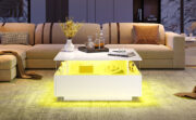 Modernes Hochglanz-LED-Couchtisch Kaffeetisch 70*70*41cm mit 2 Schubladen und transparentem Präsenta - Image 14
