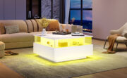 Modernes Hochglanz-LED-Couchtisch Kaffeetisch 70*70*41cm mit 2 Schubladen und transparentem Präsenta - Image 15