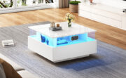 Modernes Hochglanz-LED-Couchtisch Kaffeetisch 70*70*41cm mit 2 Schubladen und transparentem Präsenta - Image 16