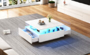 Modernes Hochglanz-LED-Couchtisch Kaffeetisch 70*70*41cm mit 2 Schubladen und transparentem Präsenta - Image 17