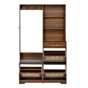 Hallway Wardrobe with Bench, Shoe Cabinet, Rattan Front, Coat Hooks, Drawers, Storage Cabinet for En