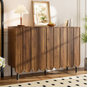 Modernes holzfarbenes Sideboard mit Wellentüren – 120x35x80 cm – grifflos, verstellbare Regale – Sta - Image 4