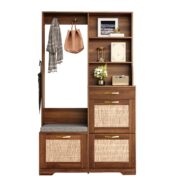 Hallway Wardrobe with Bench, Shoe Cabinet, Rattan Front, Coat Hooks, Drawers, Storage Cabinet for En - Image 4