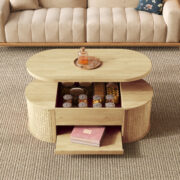 Anhebbarer Couchtisch, Couchtisch mit gebogenen Holzseiten, ausziehbarem Regal, anhebbarer Tischplat - Image 4