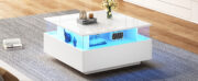Modernes Hochglanz-LED-Couchtisch Kaffeetisch 70*70*41cm mit 2 Schubladen und transparentem Präsenta - Image 23