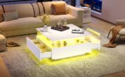 Modernes Hochglanz-LED-Couchtisch Kaffeetisch 70*70*41cm mit 2 Schubladen und transparentem Präsenta - Image 25