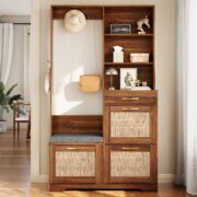 Hallway Wardrobe with Bench, Shoe Cabinet, Rattan Front, Coat Hooks, Drawers, Storage Cabinet for En - Image 5