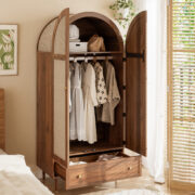 Kleiderschrank mit Schubladen, Holztüren mit Leinenstoff-Bezug, großer Stauraum, Garderobenschrank f - Image 5