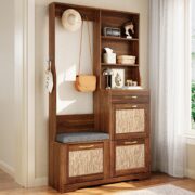 Hallway Wardrobe with Bench, Shoe Cabinet, Rattan Front, Coat Hooks, Drawers, Storage Cabinet for En - Image 6