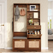 Hallway Wardrobe with Bench, Shoe Cabinet, Rattan Front, Coat Hooks, Drawers, Storage Cabinet for En - Image 7