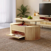 Anhebbarer Couchtisch, Couchtisch mit gebogenen Holzseiten, ausziehbarem Regal, anhebbarer Tischplat - Image 7