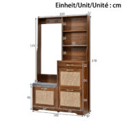 Hallway Wardrobe with Bench, Shoe Cabinet, Rattan Front, Coat Hooks, Drawers, Storage Cabinet for En - Image 8
