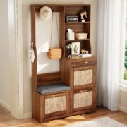 Hallway Wardrobe with Bench, Shoe Cabinet, Rattan Front, Coat Hooks, Drawers, Storage Cabinet for En - Image 9