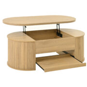 Anhebbarer Couchtisch, Couchtisch mit gebogenen Holzseiten, ausziehbarem Regal, anhebbarer Tischplat