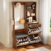Hallway Wardrobe with Bench, Shoe Cabinet, Rattan Front, Coat Hooks, Drawers, Storage Cabinet for En - Image 10