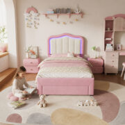 Kinder-Polsterbett 90 x 200 cm, Rosa, mit Schublade am Fußende, weißer Rückenlehne, App-gesteuerter