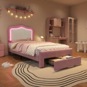 Kinder-Polsterbett 90 x 200 cm, Rosa, mit Schublade am Fußende, weißer Rückenlehne, App-gesteuerter - Image 2