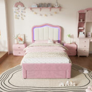 Kinder-Polsterbett 90 x 200 cm, Rosa, mit Schublade am Fußende, weißer Rückenlehne, App-gesteuerter - Image 3