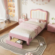 Kinder-Polsterbett 90 x 200 cm, Rosa, mit Schublade am Fußende, weißer Rückenlehne, App-gesteuerter - Image 4