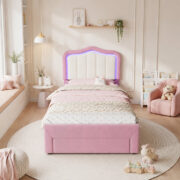 Kinder-Polsterbett 90 x 200 cm, Rosa, mit Schublade am Fußende, weißer Rückenlehne, App-gesteuerter - Image 5