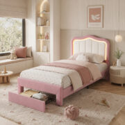 Kinder-Polsterbett 90 x 200 cm, Rosa, mit Schublade am Fußende, weißer Rückenlehne, App-gesteuerter - Image 6
