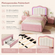 Kinder-Polsterbett 90 x 200 cm, Rosa, mit Schublade am Fußende, weißer Rückenlehne, App-gesteuerter - Image 9