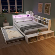 Holzbett 120 x 200 cm, Stauraumbett in Weiß, Funktionsbett mit Ausziehbett 90 x 190 cm, halb umlaufe
