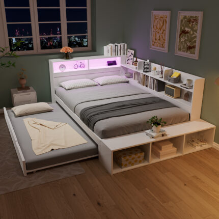 Holzbett 120 x 200 cm, Stauraumbett in Weiß, Funktionsbett mit Ausziehbett 90 x 190 cm, halb umlaufe