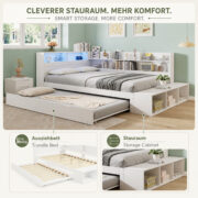 Holzbett 120 x 200 cm, Stauraumbett in Weiß, Funktionsbett mit Ausziehbett 90 x 190 cm, halb umlaufe - Image 10