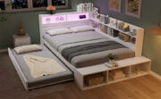 Holzbett 120 x 200 cm, Stauraumbett in Weiß, Funktionsbett mit Ausziehbett 90 x 190 cm, halb umlaufe - Image 11