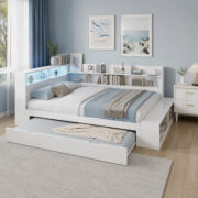 Holzbett 120 x 200 cm, Stauraumbett in Weiß, Funktionsbett mit Ausziehbett 90 x 190 cm, halb umlaufe - Image 2