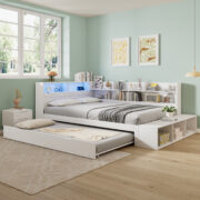 Holzbett 120 x 200 cm, Stauraumbett in Weiß, Funktionsbett mit Ausziehbett 90 x 190 cm, halb umlaufe - Image 4