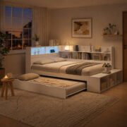 Holzbett 120 x 200 cm, Stauraumbett in Weiß, Funktionsbett mit Ausziehbett 90 x 190 cm, halb umlaufe - Image 6