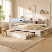 Holzbett 120 x 200 cm, Stauraumbett in Weiß, Funktionsbett mit Ausziehbett 90 x 190 cm, halb umlaufe - Image 7