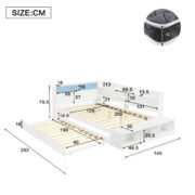 Holzbett 120 x 200 cm, Stauraumbett in Weiß, Funktionsbett mit Ausziehbett 90 x 190 cm, halb umlaufe - Image 8